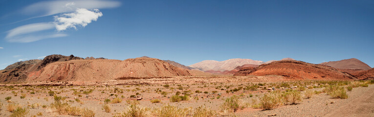 Fototapeta na wymiar Desert landscape. View of the arid valley, red sand, sandstone formations and mountains under a deep blue sky. 