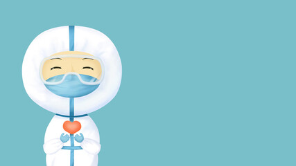 Illustration of medical staff wearing protective clothing holding a red heart
