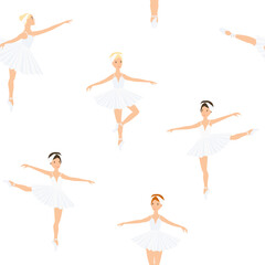 Ballerina, ballet dance, little swans. seamless pattern, set. Swan lake stage. Vector graphics illustration.