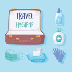 new normal after covid 19 travel hygiene suitcase mask tissue paper gel