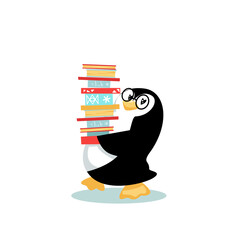 Cleverclogs penguin loves reading and adores books. Cartoon character holds big pile of books. Vector illustration isolated on white background. 
