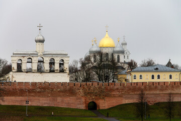 Fototapeta premium the Kremlin of Novgorod is covered with mist, Veliky Novgorod, autumn 2020