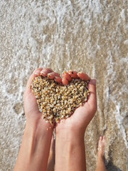Mellow heart shaping female hands above sea and beach.