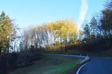 kurvige Eifelstraße von der Hohen Acht nach Jammelshofen im Herbst