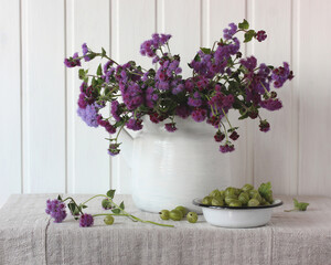 purple ageratum and green gooseberry. still life.
