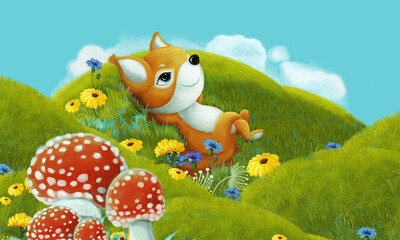 cartoon scene with forest animal on the meadow having fun - illustration