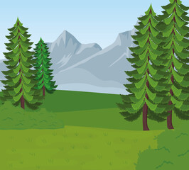 Fototapeta premium field camp landscape scene with pines trees vector illustration design