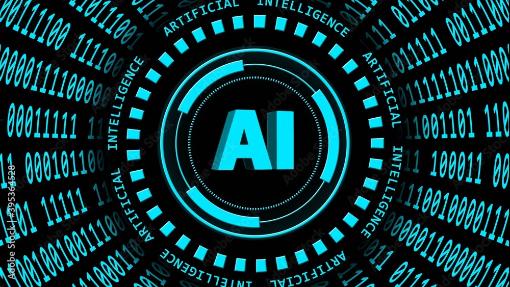 Poster ai - abstract artificial intelligence background - binary code arranged in cylinder shape - letterin