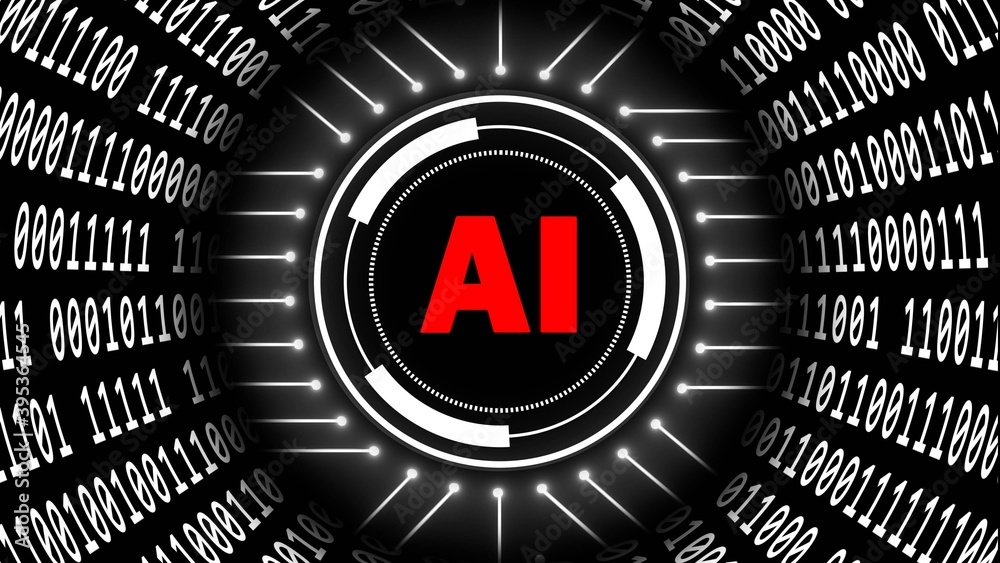 Poster ai - abstract artificial intelligence background - binary code arranged in cylinder shape - red lett