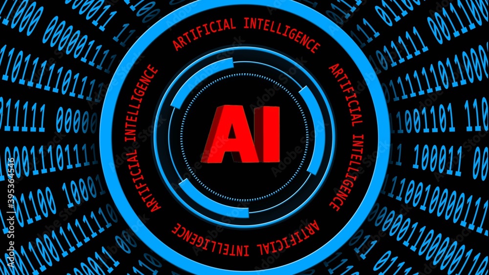 Poster ai - abstract artificial intelligence background in blue - binary code arranged in cylinder shape - 