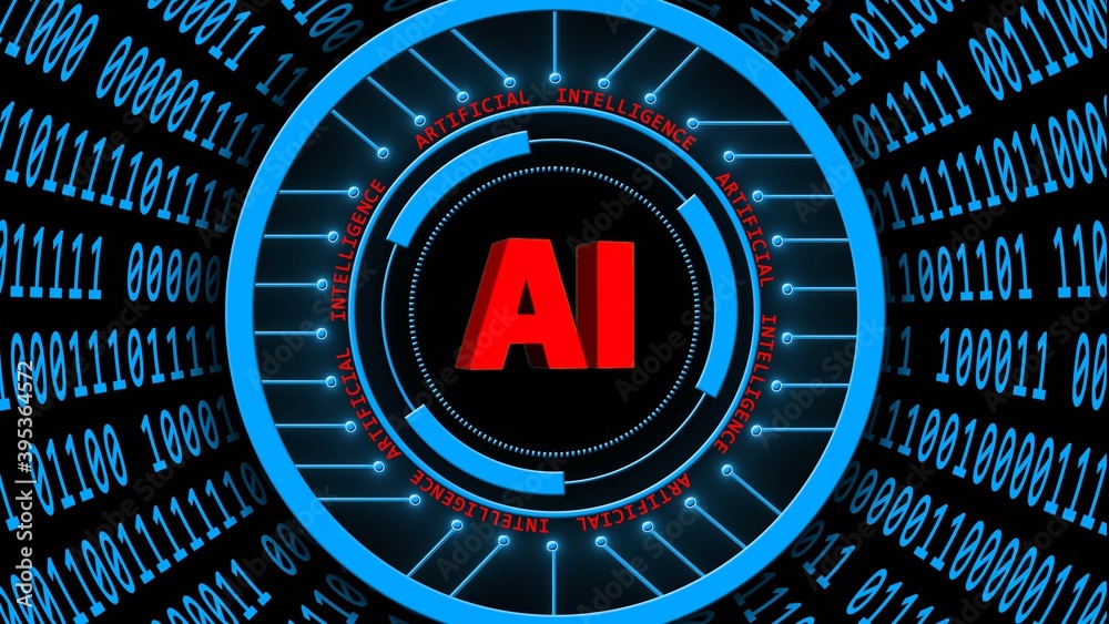 Poster ai - abstract artificial intelligence background in blue - binary code arranged in cylinder shape - 