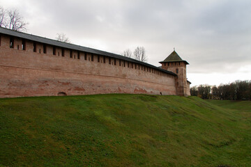 Fototapeta na wymiar fortress wall of the old Kremlin, Veliky Novgorod, autumn 2020