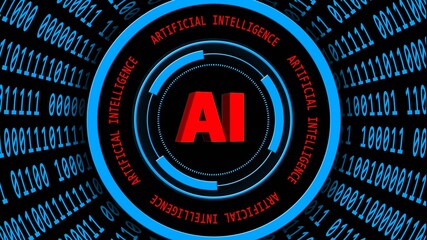 AI - abstract Artificial Intelligence background in blue - binary code arranged in cylinder shape - red lettering around and central of HUD elements - 3D illustration