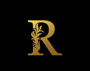 Classic Letter R Icon. Luxury Gold alphabet arts logo. Vintage Alphabetical Icon for book design, brand name, stamp, Restaurant, Boutique, Notary, Hotel.
