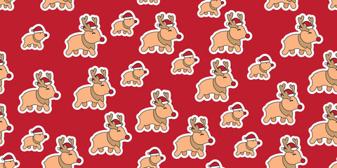 Merry Christmas seamless pattern, Cute Reindeer cartoon character wearing a santa hat on red background.