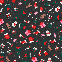 Seamless pattern of Christmas illustration on dark background. Christmas tree, snowman, sock, mittens, bell, wreath, gift. Endless illustration for fabric, stationery, wrappers. Vector illustration