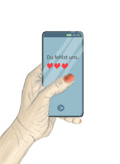 Hand einer alten Frau hält ein Mobiltelefon mit Schrift „Du fehlst uns“, einsame Frau während Coronavirus weichnachten und Silvester	 illustration