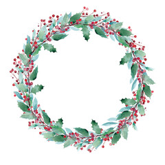 Christmas wreath created in watercolor. Watercolor Christmas wreath can be used in greeting cards, advertising banners, gift packaging.