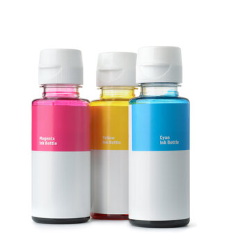 Front view of printer color ink bottles