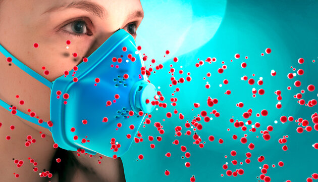 Girl with protective mask, Covid-19, coronavirus, personal protection. 3d render. Human anatomy. How to protect yourself from viruses. Protection devices. FFP1, FFP2, FFP3. SARS-CoV-2
