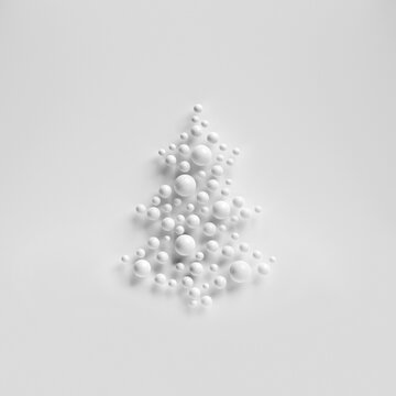 3D white display background for text with Christmas tree with copy space. Abstract minimal ball pine tree shape. Winter, new year holiday, geometric shape card design. 3d render illustration