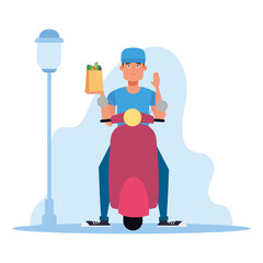 Purple small motorcycle and man delivery fast icon- Vector