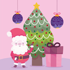 merry christmas santa with tree gift and balls decoration and celebration