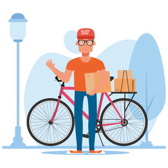 Red bicycle with man delivery fast icon- Vector