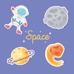 space astronaut palnet comet and moon galaxy astronomy in cartoon style