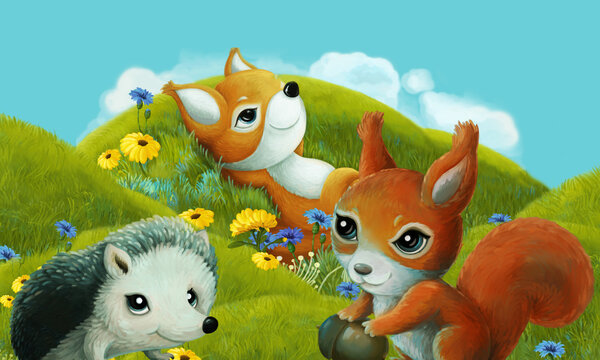 cartoon scene with forest animal on the meadow having fun - illustration © honeyflavour