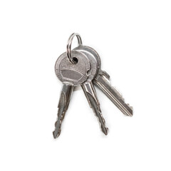 A bunch of three keys. Close up. Isolated on a white background