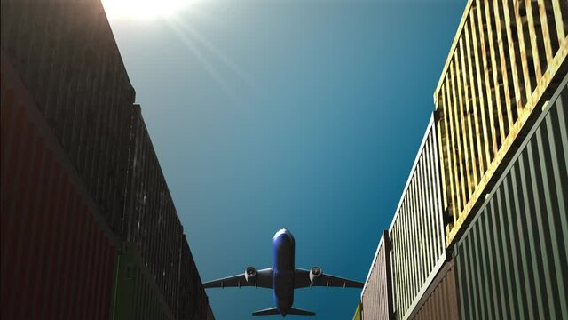 Rows of cargo containers with jet airplane passing over
, Freight Shiiping export and import concept
