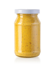 Glass jar of mustard isolated