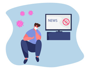 Sad Man Character Sitting at Home in Medical Mask Watching the Global or Fake News about Coronavirus on TV.
Social Media Networking and Loudspeaker News.Flat Vector Illustration