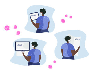 Afro American Man in Medical Mask Reading News in Newspaper,Reading News about Coronavirus on a Tablet and Watching the Global or Fake News about Coronavirus on TV at Home.Flat Vector Illustration