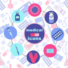  Set of medical icons in circle button style.