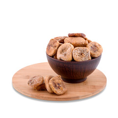 Dried figs  in brown bowl on wood board isolated on white background, copy space.