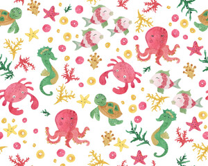 Watercolor painting seamless pattern with cute sea animals: octopus, fish, seahorse, turtle,crab, seastar. Kids background for textile, wrapping paper.