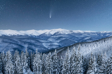 Fantastic winter landscape glowing by star light. Dramatic wintry scene with snowy trees and comet in night sky. Carpathians, Europe © Ivan Kmit