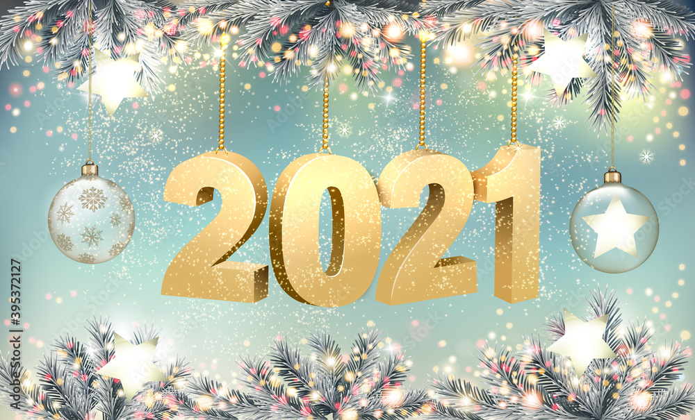Poster merry christmas and new year holiday background with 2021 and transparent balls. vector.