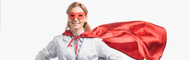  nurse in superhero mask and cloak standing isolated on white, banner