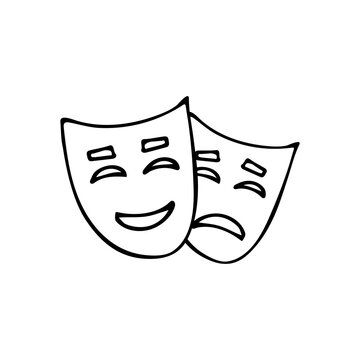 Doodle comedy and drama theater masks icon. Hand drawn comedy and drama theater mask.
