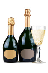 Two different kind of Champagne Bottles and a filled glass