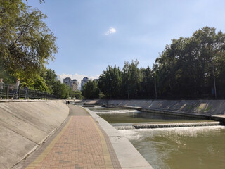 Esentai river also known as the Vesnovka. Almatinka. Park in the city of Almaty. Kazakhstan