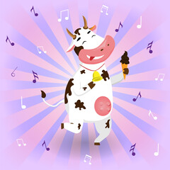 Vector funny cow dancing with ice cream on a background with notes