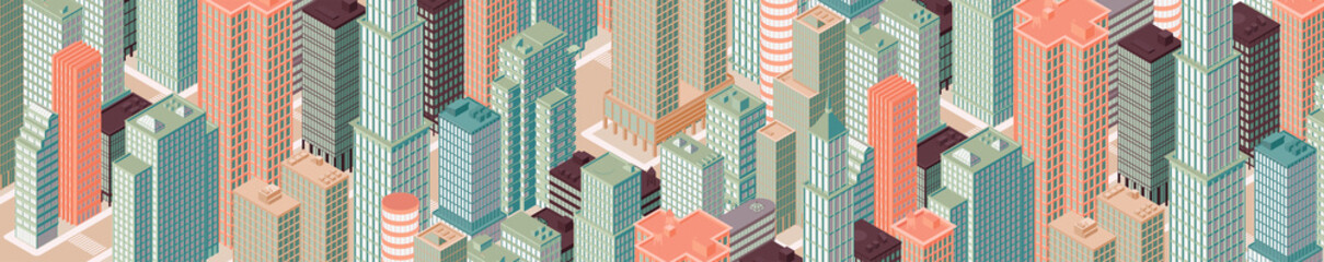 Isometric panoramic city centre. Vector illustration in flat design.