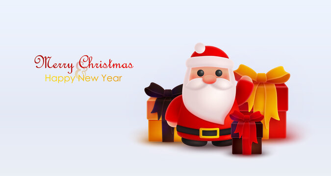 Christmas Santa Claus and gold, yellow, red, black gifts box with bow and ribbon, look like 3d rendering. Happy New Year illustration for postcard, banner, decor, design, arts on blue background.