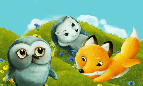 cartoon scene with forest animal on the meadow having fun - illustration © honeyflavour