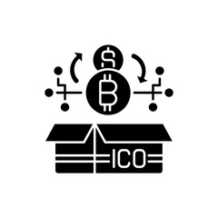 Initial coin offering black glyph icon. Type of funding using cryptocurrencies. Form of initial public offering crowdfunding. Silhouette symbol on white space. Vector isolated illustration
