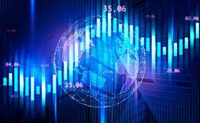 Double exposure of urban cityscape and forex graphs over digital world globe